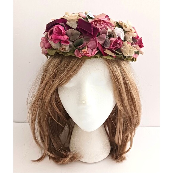VTG Marche Floral Pillbox Hat Multi Overall 3D Flowers 50-60s Union Made USA - Picture 9 of 9
